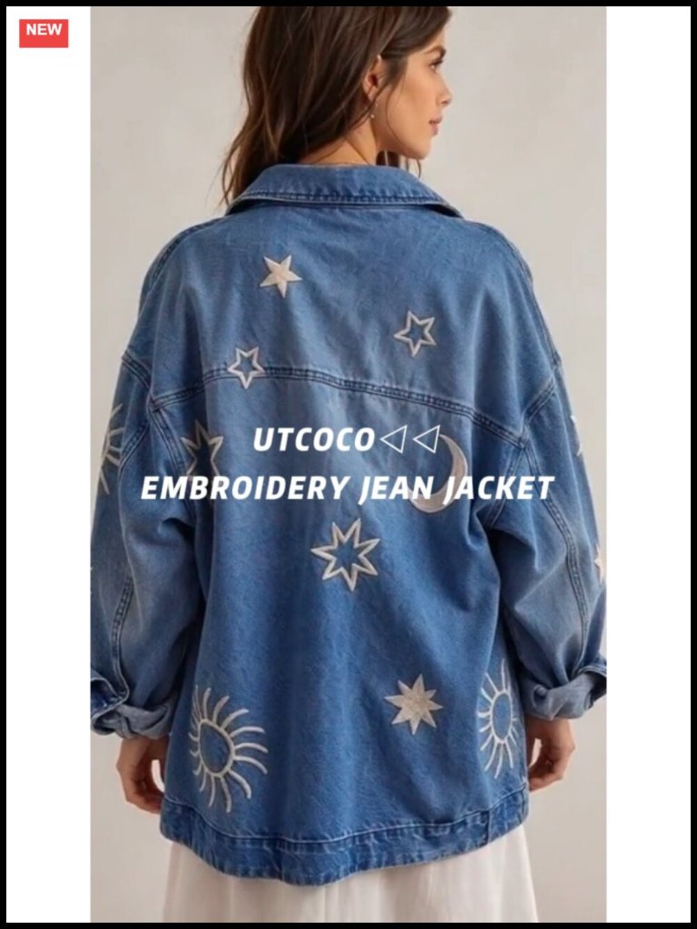 Oversized Embroidered Denim Jacket Button Down Loose Fit Casual Jean Jacket - Picture 6 of 6